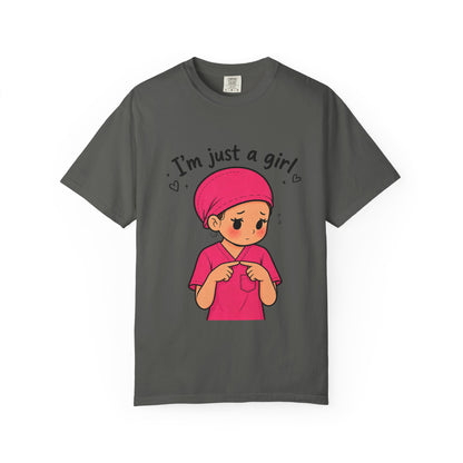 "I'm Just a Girl" Nurse T-Shirt — Pink Scrubs Graphic