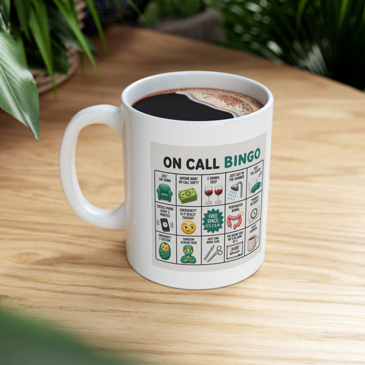 On Call Bingo Operating Room Ceramic Mug — Funny Healthcare Coffee Cup