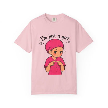 "I'm Just a Girl" Nurse T-Shirt — Pink Scrubs Graphic