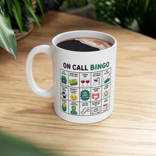 On Call Bingo Operating Room Ceramic Mug — Funny Healthcare Coffee Cup