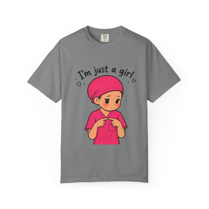 "I'm Just a Girl" Nurse T-Shirt — Pink Scrubs Graphic